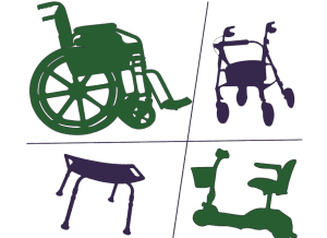 a grid of four DME examples: a manual wheelchair, a rollator, a shower bench, and a power schooter.