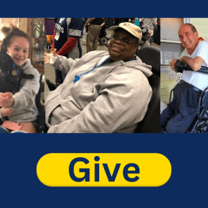 Three images of diverse users of REquipment devices: a white young girl sitting in a manual wheelchair with a pup on her lap, a Black woman in a power chair, and an older adult white man in a stander. Below is text that says Give.