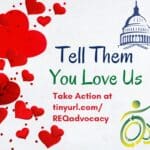 Hearts surrounding text: Tell them you love us. Take action at tinyurl.com/REQadvocacy